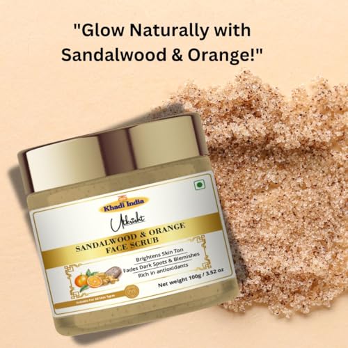 Image of Khadi Sandalwood & Orange Face Scrub 100 gm | Refreshing & Rejuvenating | Exfoliating Scrub with Vitamin C | Brightens, Even Out Skin Tone | All Skin Types | Tan Removal Scrub for Men & Women