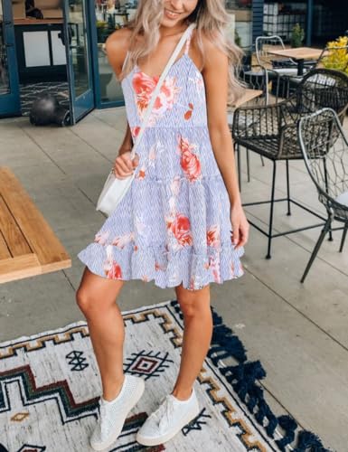 Image of FANCYINN Women Floral Casual Tiered Mini Dresses Spaghetti Strap V Neck Backless A Line Swing Short Dress with Pockets