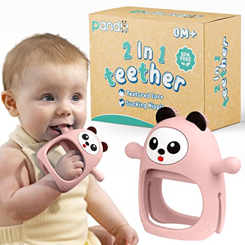 Image of Teethers for Babies 0-6 Months - Panda Never Drop Teething Mittens - Nipple Like Baby Teether & Infant Toy - Teething Toys for Babies 6-12 Months Motor Skill, Gum & Teeth Development (Pink)