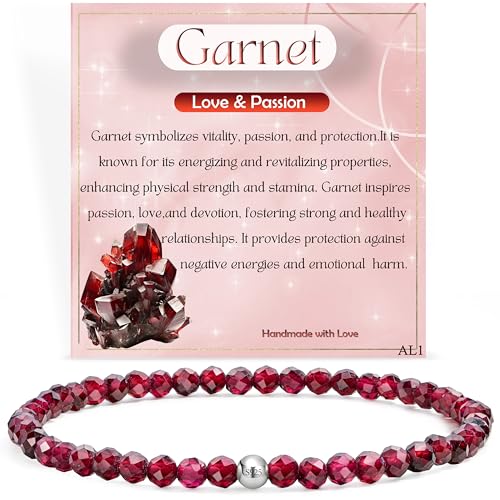 Farfume Garnet - Love & Passion - Crystal Beaded Bracelets for Women, 925 Sterling Silver 4mm Bead Chakra Stretch Bracelets, Gemstone Natural Stone Ladies Jewellery Gifts