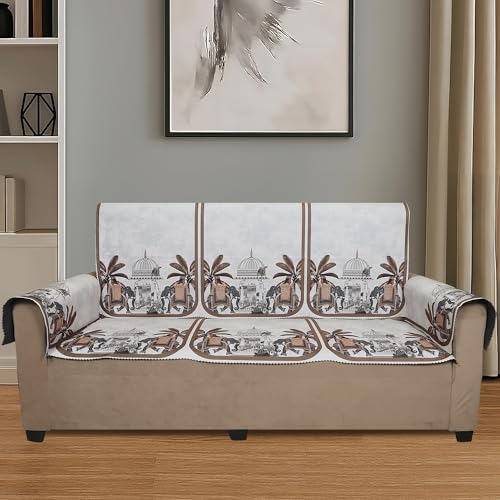 Image of Velvet Single Seater Sofa Cover with 2 Seat and Back Covers, 2 Hand Rest Covers - Elephant dome Design - Washable Fabric - Stylish Sofa Cover for Modern Living Room (Beige, 1 Seater With Arm Covers)