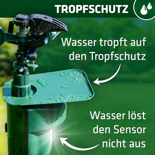 GARDIGO® Wasserstrahl Tiervertreiber I Vogelabwehr, Reiherschreck, Katzenschreck für Garten | PIR-Bewegungsmelder I Reichweite bis zu 10 m I Vogelschreck, Katzenabwehr, Hundeabwehr | Inkl. Batterien
