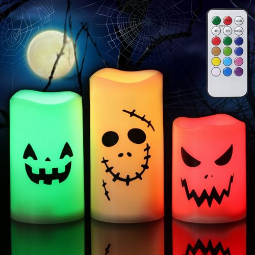 Image of Halloween Decorations Flameless Candles with Remote Timer, Battery Operated LED 12 Color Changing Candles Flickering Set of 3, Waterproof LED Pillar Candles Plastic for Halloween Decor