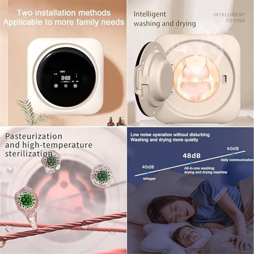 Mini Washer Dryer Combo de Wall-Mounted Mini Washer, 3.7kg de lavadora de carga frontal con alta pasteurización con alta temperatura a 95C, Control de pantalla táctil, Operación Silenlenta para Dormit