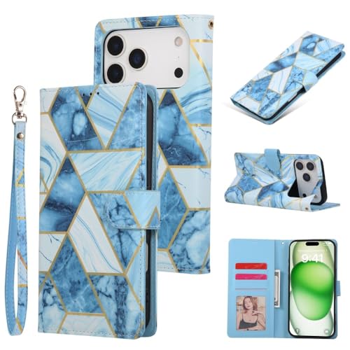 Coque iPhone 13 bleu style portefeuille en cuir marbré chic et élégant