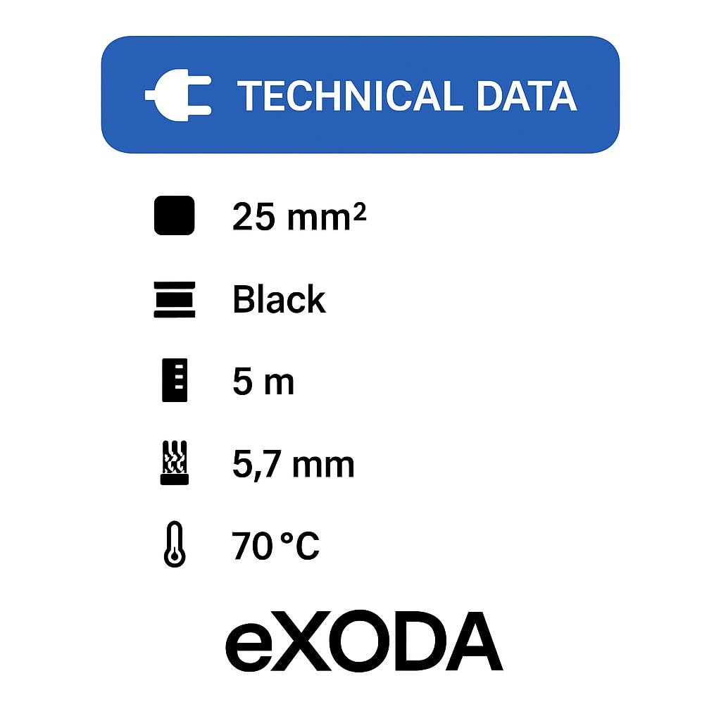 Exoda cavo batteria 25 mm² 5m nero H07V-K25 cavo in PVC flessibile in rame resistente al calore fino a 70 gradi per usi versatili di qualità.