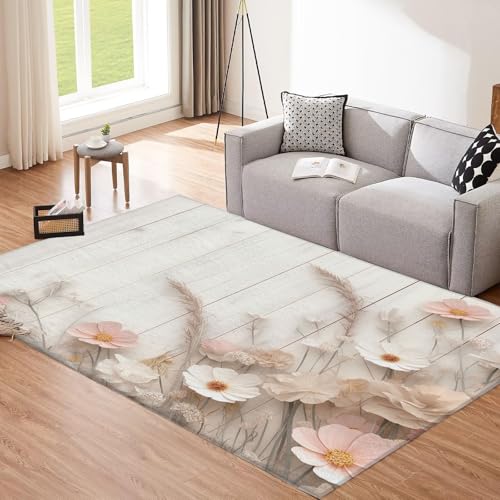 Moquette blanc clair lavable tapis salon fleurs bohème - 3