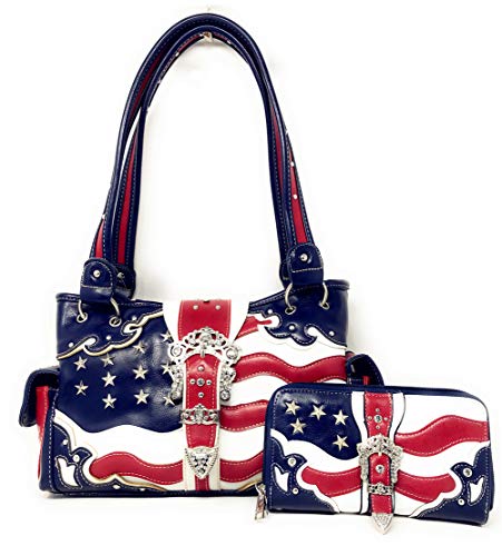 Premium American National Flag Rhinestone Handbag, Messenger bag, Wallet in Multi Colors (American Flag Blue buckle)