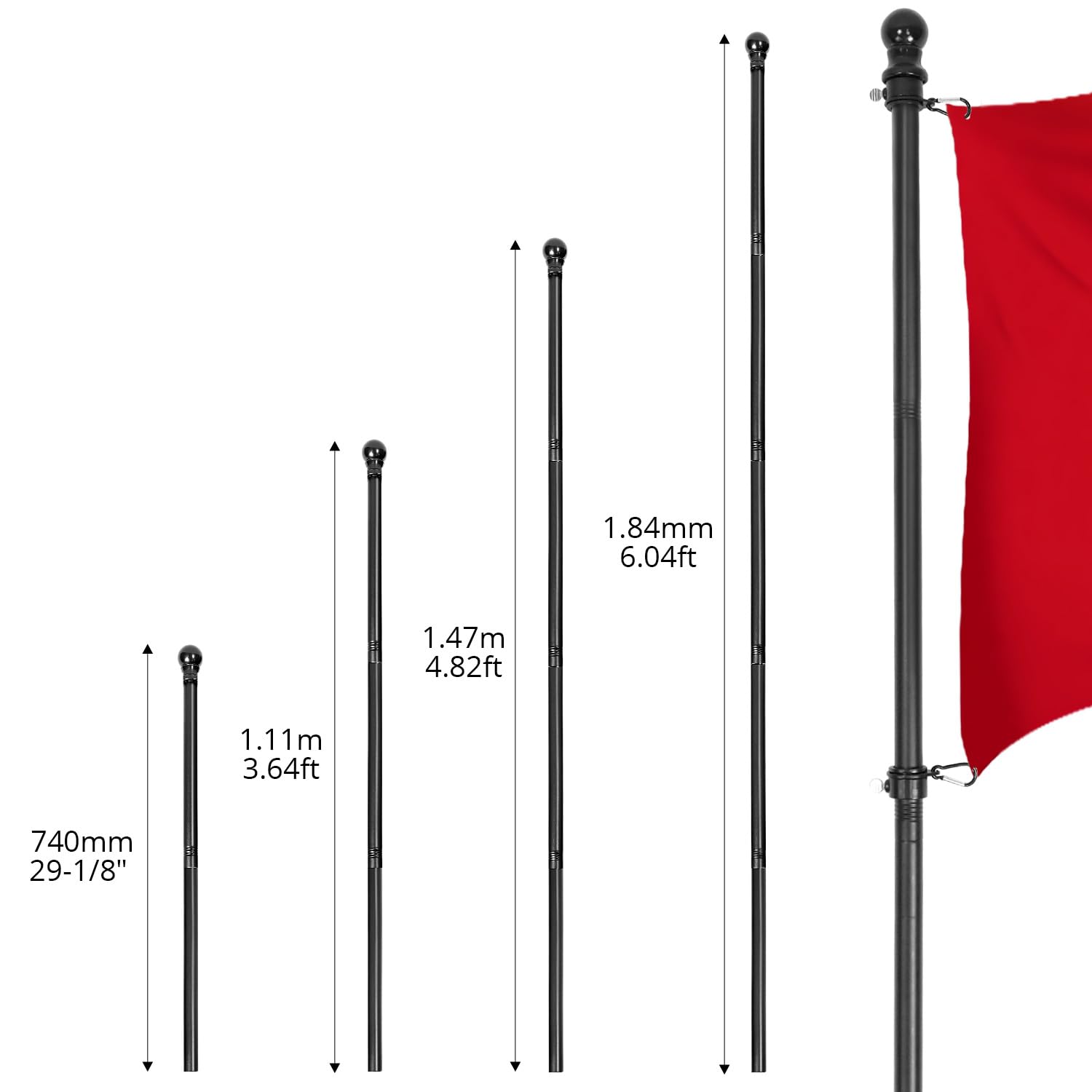 QWORK® Kit Portabandiera da Esterno - Bandiera in Metallo Opaco 180 cm con Staffa a Muro, Testa a Gomito e Anello di Rotazione - Sospensione 45°/90° - Lunghezza Regolabile