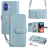 Vokpok対応 iPhone 17 ケース 手帳型 ショルダー 強力マルチカード収納 スタンド機能 耐衝撃 全面保護 アイフォン 17 財布型ケース 肩掛け 斜めがけ 手首かけ、掛けストラップ付き （長さ調整可能） おしゃれ 実用性 ジッパー小銭入れ iPhone 17 スマホケース PUレザー ある滑らかな手触り 贈り物 アイフォン 17 ケース,ライトブルー