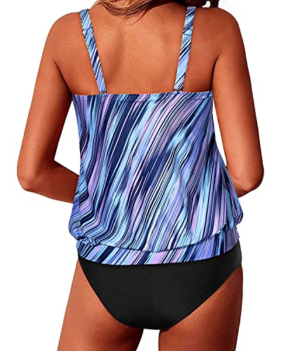 Image of Yonique Women Vintage Chevron 2 Piece Ruched Padded Tankini Set Flyaway Top With Triangle Brief Bottom Bathing Suit