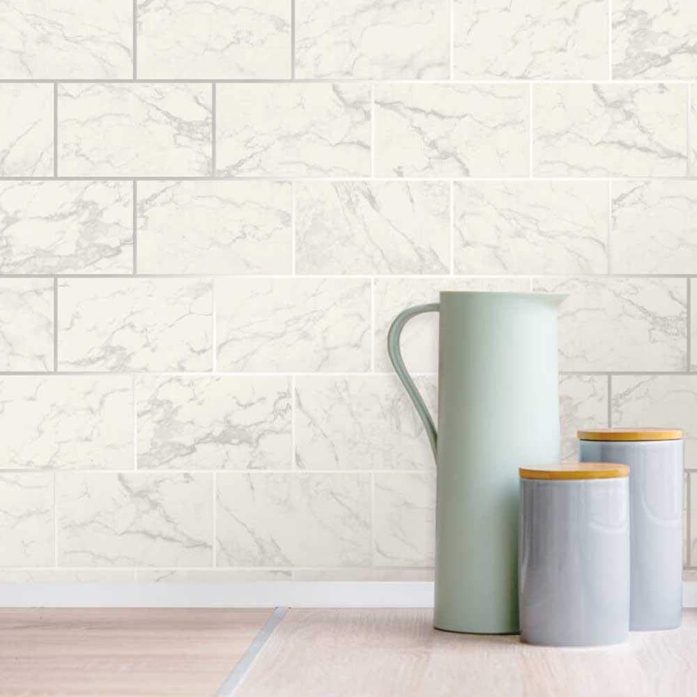 3D Effect Brick Tile Wallpaper White Grey Marble Silver Metallic Vinyl YöL