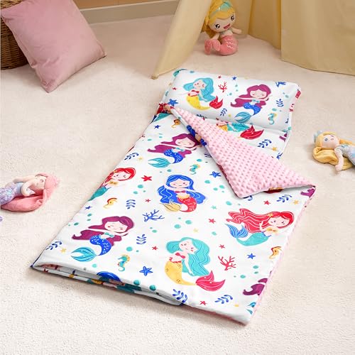 Image of JOIEDOMI Toddler Sleeping Bag for Kids 55''x30'' Nap Mat with Removable Pillow and Minky Blanket for Toddler Ages 3-7 Roll Up Soft Kids Sleeping Bag for Boys Girls Kindergarten Daycare Sleepover