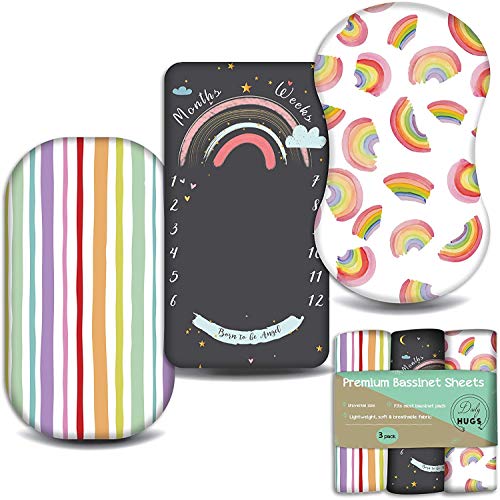 Image of Pack of 3 Premium Bassinet Sheets for Bassinet Pad/Mattress: Milestone Fitted Sheet, Universal Fit, Unisex Rainbow Cloud Sheet | Knitting | Great Shower Gift for Boy Girl |170 GSM