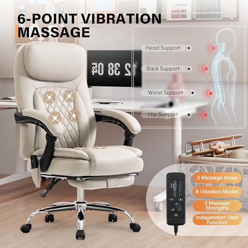 Image of 500LBS Massage Office Chair, Reclining 6 Points Vibration and Heat Desk Chair with Foot Rest, Ergonomic Executive Office Chairs, Comfy Wider & Thicker Seat, Big and Tall Gaming Chair, PU Leather Beige