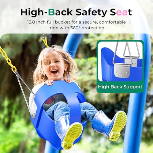 Image of DECORLIFE Toddler Swing Seat, Outdoor Baby Swing with Coated Chains, Heavy Duty High Back Full Bucket Swing Chair with Ant-Loosening Carabiners, Fully Assembled Swingset Accessories for Backyard, Blue