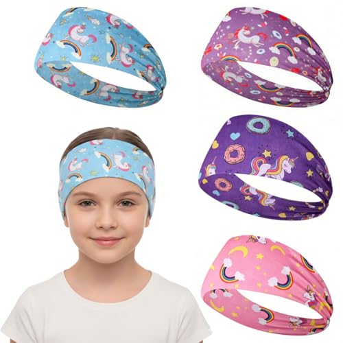 BAHME 4 Pezzi Fascia Capelli Bambina Sportiva con Stampe Unicorno, Fasce Capelli Bambina Elastiche e Antiscivolo per Yoga, Ginnastica e Fitness, Headband Assorbisudore in Tessuto Morbido