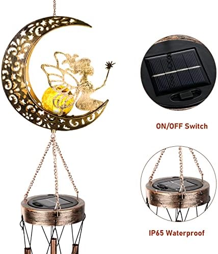 Heipen Solar Wind Chimes for Garden - Metal Fairy Sitting on Moon Solar Lights for Garden Ornaments Outdoor, Waterproof Metal Hanging Solar Lights for Patio Deck Lawns Yard Patio (Moon)