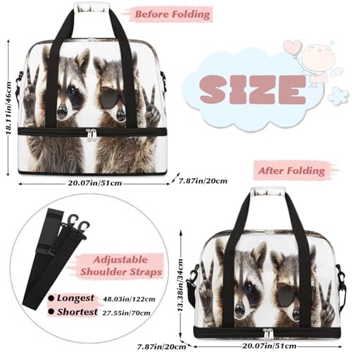 Travel Duffel Bags Cute Animal Raccoon Foldable Weekender Bags for Women with Shoes Compartment Waterproof & Tear Resistant Carry on Overnight Luggage Duffel Bag Shoulder Sports Tote Bag,B-3672