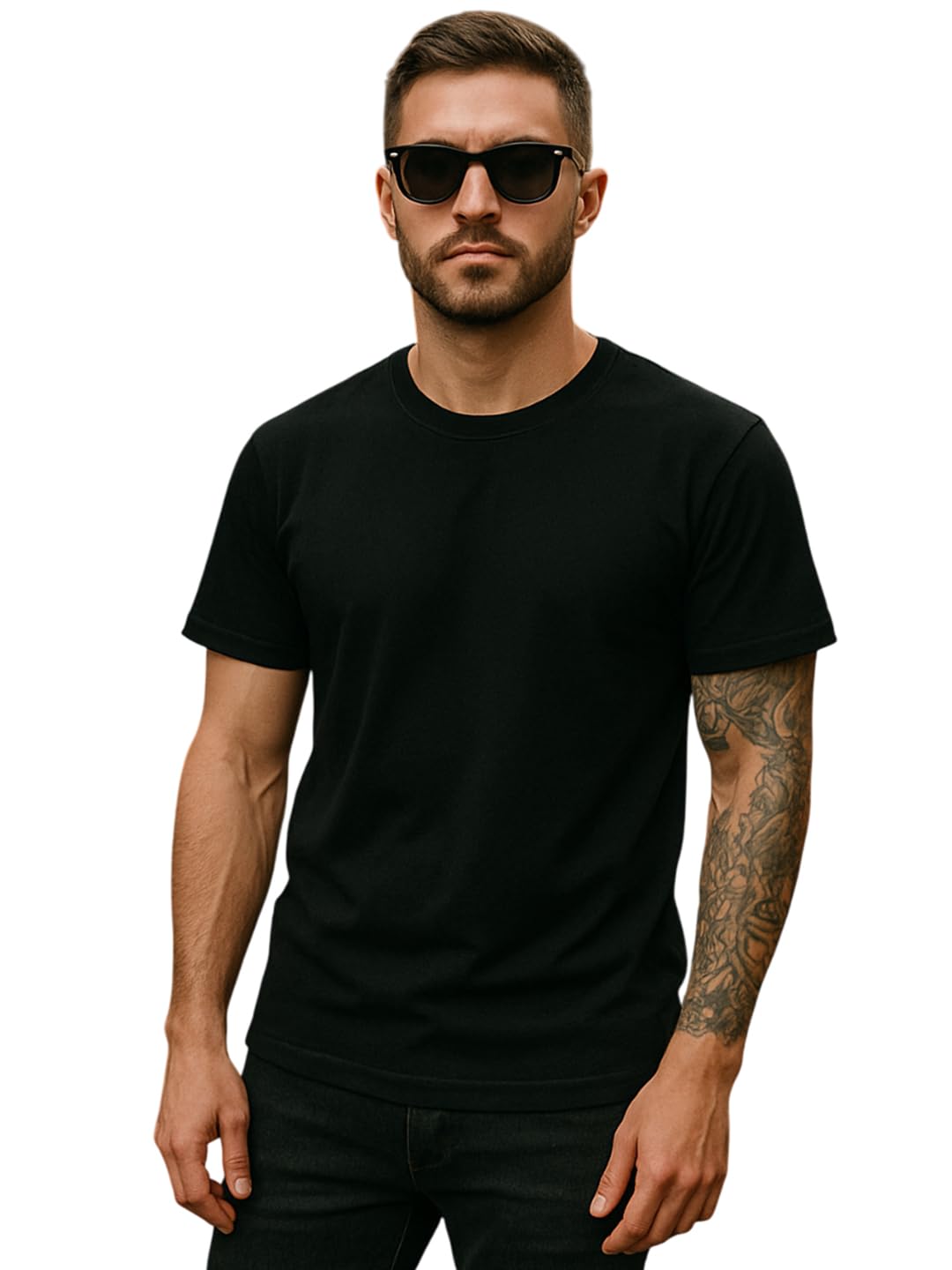RodZen Men's Cotton Half Sleeve Regular Fit Solid T-Shirt(Black, S