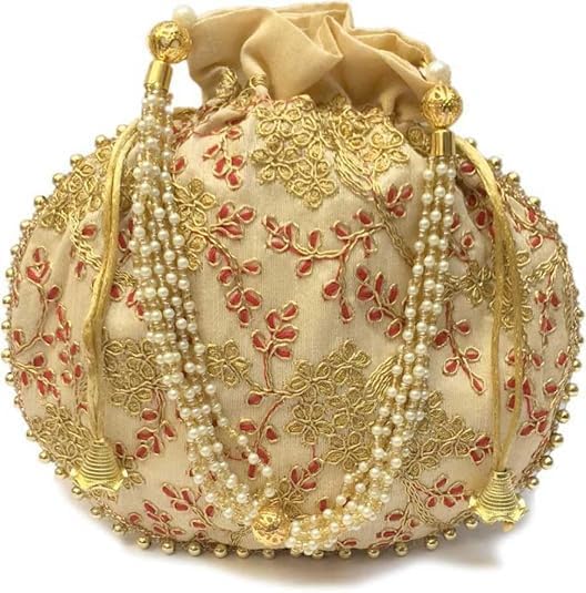 Designer Embroidered Potli Bag for Women & Girls – Wedding, Festive & Party | Handbag with Pearl Handle | Ethnic Traditional Drawstring Pouch for Gifting & Bridal Use.