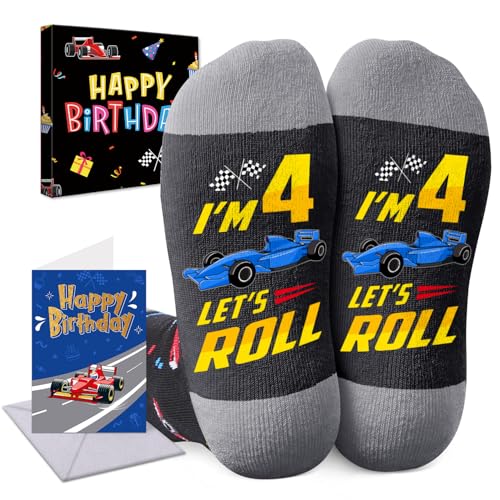 HAPPYPOP 4th Birthday Gifts Socks Ideas - Four Year Old Gifts with Birthday Greeting Card, Presents for 4 Year Old Boys Age 4