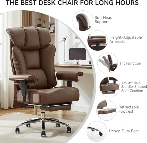 Image of Efomao Ergonomic Office Chair 450LBS with Foot Rest, High Back PU Leather Executive Office Chair with Adjustable Armrests, Lumbar Support for Home or Work, Computer Chair, Brown