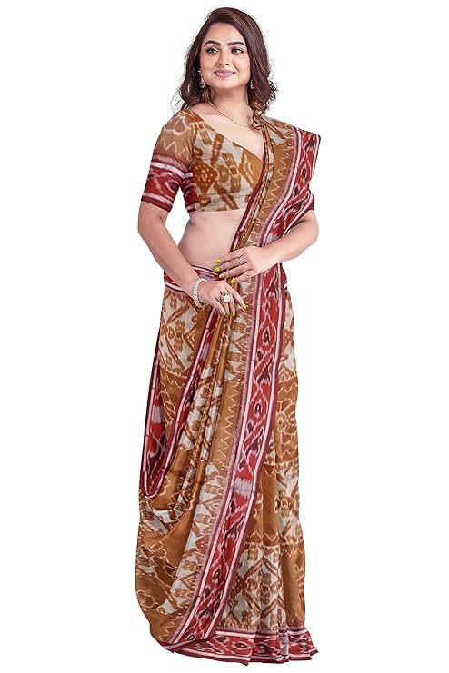 Image of Ikat Women's Cotton Saree, Handmade Pure Cotton Khandua Saree, Ikkat Orissa Traditional Handloom Saree without Blouse