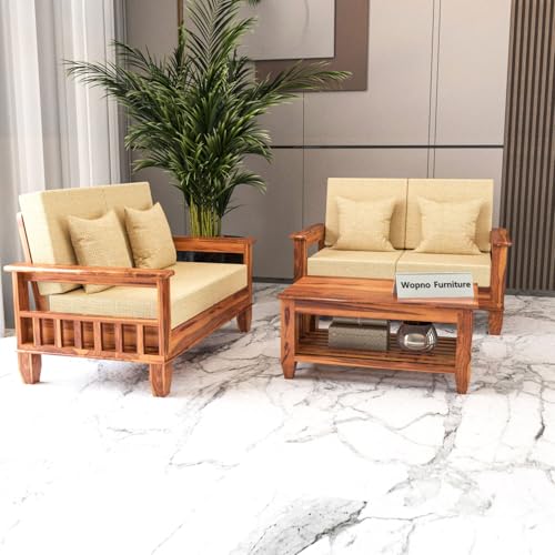 Image of Sheesham Wooden 4 Seater Sofa Set for Living Room | Rosewood Cushion Sofa with Side Newspaper Holder for Home & Office | Solid Wood Sofa Set for Lounge (Honey, 2+2 Seater)