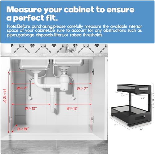 Image of 1 Pack 17IN Depth Under Sink Storage Organizer, Large 2-Tier Elegant Mesh Pull Out Shelf for Kitchen and Bathroom Cabinet Organization, L-Shaped and Adjustable Height Design-Black