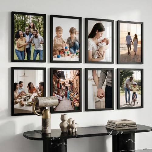 Image of kotart Aesthetic Photo Frame for Wall Decoration | Wooden Frames for Bedroom Living Room | Certificate Frame | Photo Frame for Certificate A4 Size (Black, Pack of 8)
