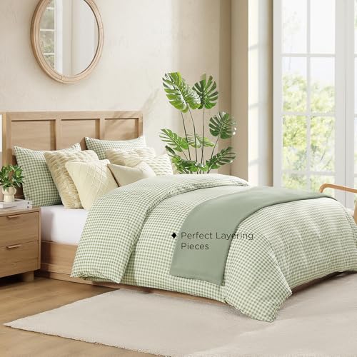 Image of Andency Gingham Duvet Cover Queen Size, Sage Green Checkered Plaid Bedding Set, 3 Pieces Soft Prewashed Polyester Comforter Cover with Zipper Closure & Corner Ties