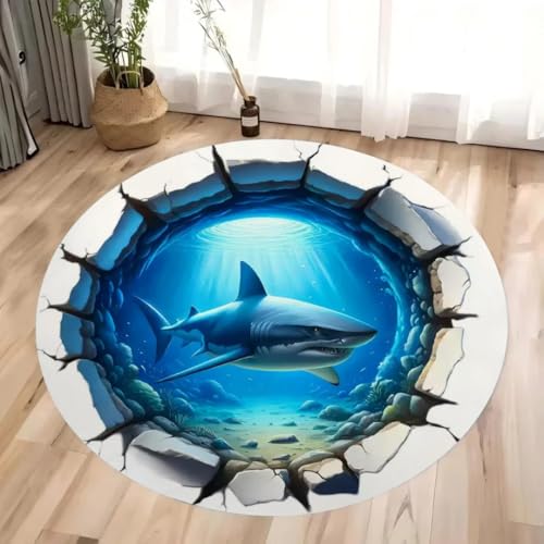 JIEDEDIAM Alfombra Redonda con Estampado de tiburón oceánico en 3D, Alfombra para Sala de Estar, Dormitorio de niña, Alfombra de Arena para Silla, Alfombra de Piso para niños, Regalo