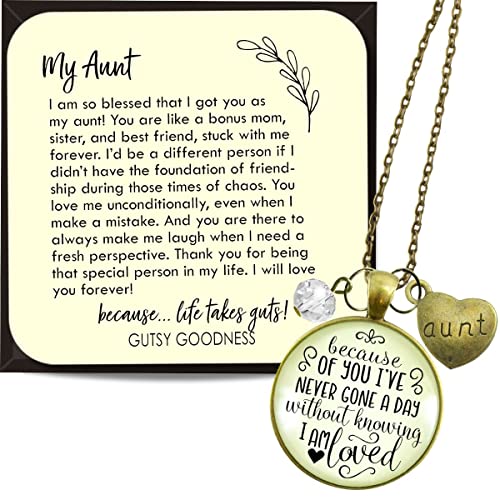 Gutsy Goodness PRNE36005625 Aunt Necklace Because Of Your Love Boho Style Bronze Jewelry For Women Chain 36 Inch - Handmade Glass Inspirational Family Quote Pendant, Heart Charm, Gift Package Sentimental Friends Message Card & Box cover