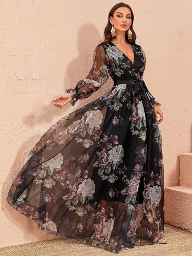Image of TOLEEN Summer Casual Dresses for Women 2024 Spring Fashion Boho V Neck Long Sleeve Ruffle Floral Print Elegant Maxi Dress