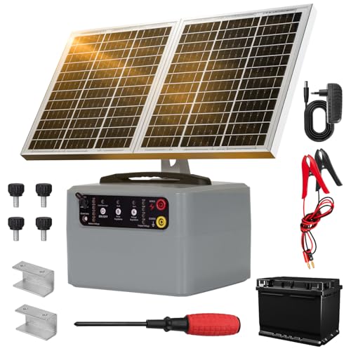 48KM Solar Pastor Electrico con Batería, 6KV-12KV pastor electrico Cerca eléctrica Controlador, 0.3-1.5J Cerca eléctrica Pastor para Cría de animales pastores, para Granja Pastar Jardín (Gray)