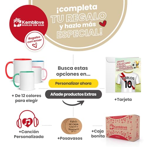 Kembilove® Taza + Bolsa Personalizada de Fútbol | Diseño Rayista “Rayo Vallecano” con Nombre y Número | Regalo Original para Niños, Niñas y Adultos Aficionados al Fútbol