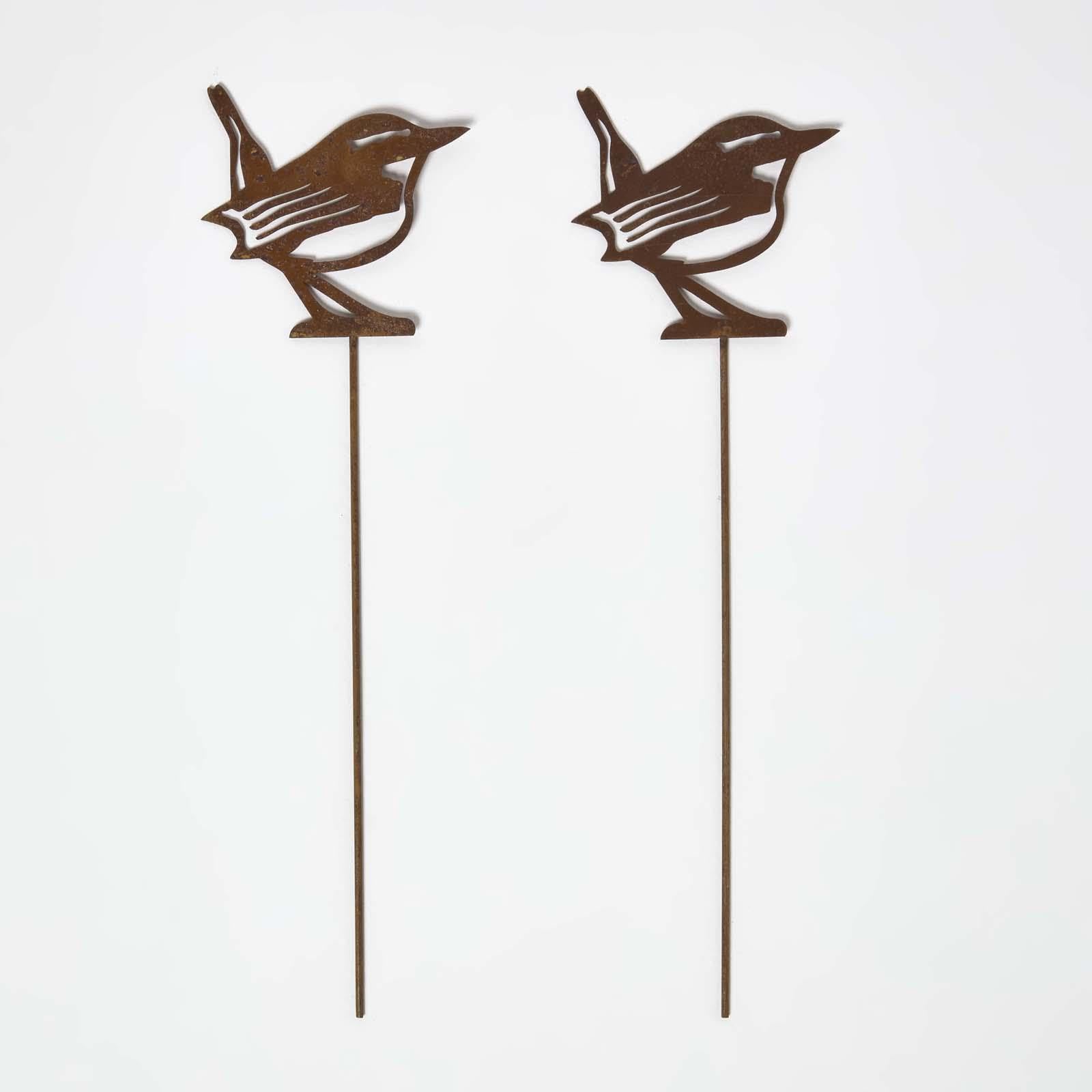 HOMESCAPES Metal Garden Stakes Decorative, Set of 2 Rustic Metal Birds Silhouette, 37cm Eurasian Wren Bird Stake, Weatherproof Vintage Outdoor Ornament for Gardens, Plant Pots, Planters & Balcony