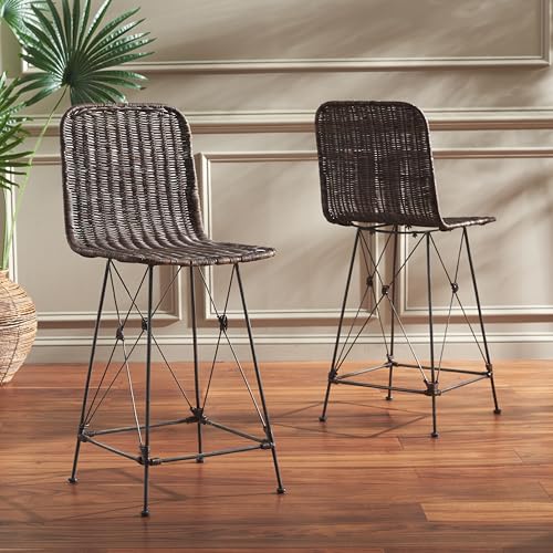 SAFAVIEH Home Collection Minerva Butaco con Asiento de Rattan Marrón Oscuro y Estructura Negra Juego de 2 miniatura 2