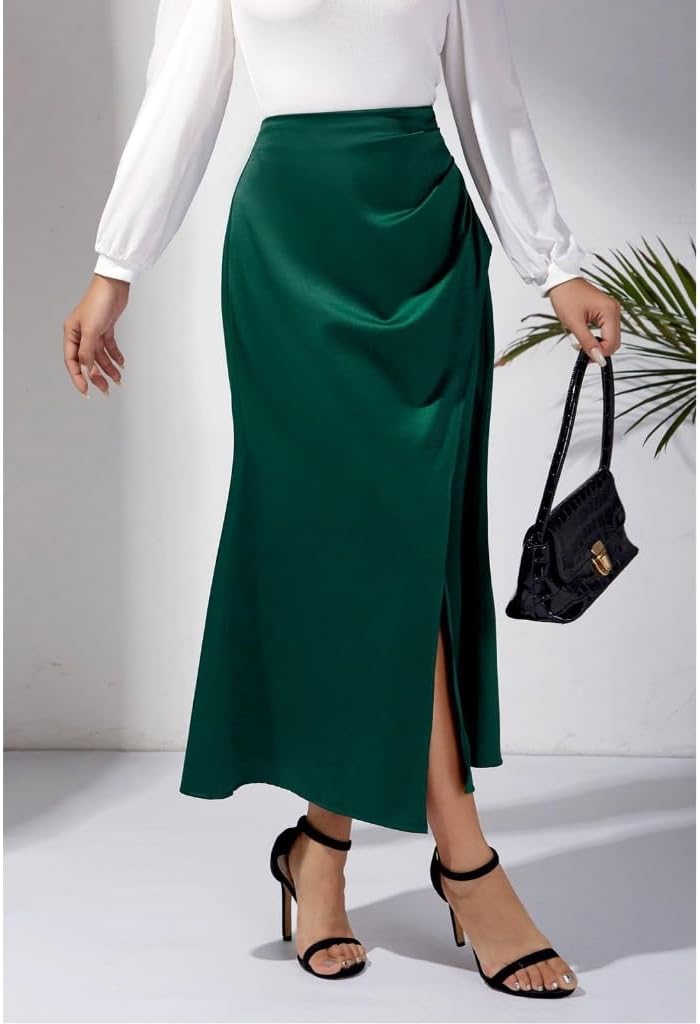 Lily Brown Women's Satins Maxi Skirt High Waist Side Slit Wrap Pencil Long Skirts Casual Slim Ruched Bodycon Skirt with Zip Back Dark Green