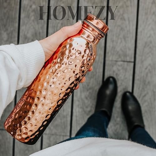 Image of Copper Water Bottle (34oz /1000ml) 100% Pure Handmade Hammered Ayurvedic Pure Copper Vessel for Drinking Heavy Duty & Leak-proof