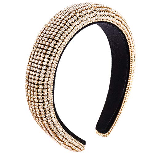 Padded Rhinestone Headband For Women Girls Velvet Wide Hairband Hair Hoop Sparkly Baroque Statement Headbands Party Hairband Hair Accessories (gold)