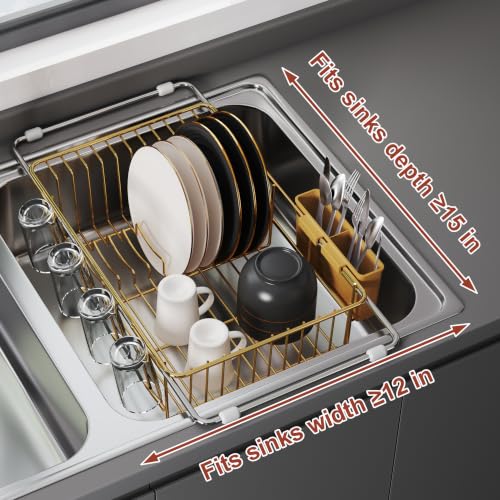 Image of JASIWAY Gold Dish Drying Rack in Sink, Dish Drainer with Utensil Holder