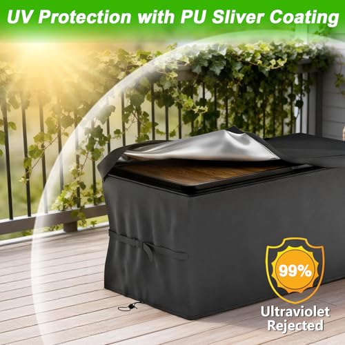EVRBUL Upgraded Deck Box Cover - Easy to Open and Close, Heavy Duty 420D Outdoor Storage Bench Cover with Windproof Buckles and Drawstrings, Compatible with 150-230 Gallon Deck Box, 63× 30× 28 Inch