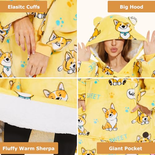 THREE POODLE Wearable Blanket Hoodie for Women, Oversized Sherpa Sweatshirt Blanket for Adults Men, Cozy Corgi Hooded Blankets, Gifts for Teen Girls Women Mom Sister