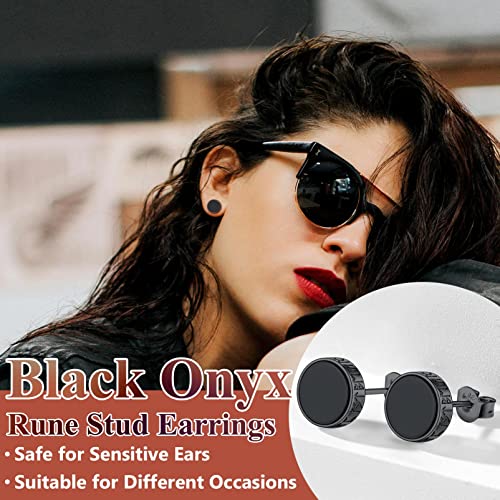 Silvora 925 Sterling Silver Viking Rune Stud Black Earrings For Men Women, Men Earring Stud with Gift Box2