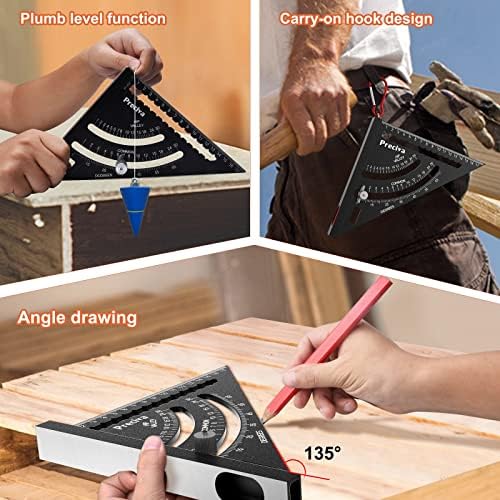 7 inch Set Square Hangable Type, Preciva Speed Square Metric, Aluminum Alloy Roofing Square, Builders Square with Hook, Plumb Function, Multifunctional Carpenters Tools