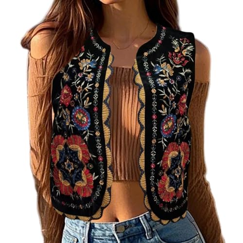 Cardigan floral vintage boho femme L et gilet brodé sans manches ouvert