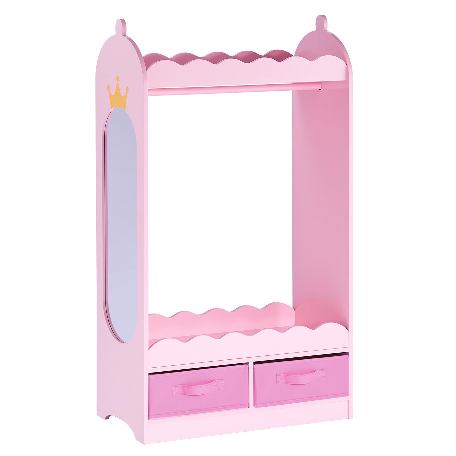 VEVOR Armario de Disfraces para Niños con Espejo, Perchero Infantil con Cajones, Organizador de Ropa, Mueble de Madera Estilo Cuento de Hadas con Barra y Compartimentos para Dormitorio, Juegos, Rosa
