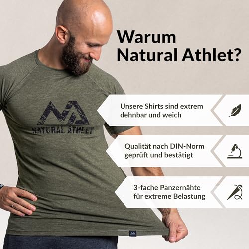 Natural Athlet Herren Fitness T-Shirt meliert - Männer Kurzarm Shirt für Gym & Training - Passform Slim-Fit, lang mit Rundhals, Olive, L - Produktansicht 3 | Sportbekleidung
